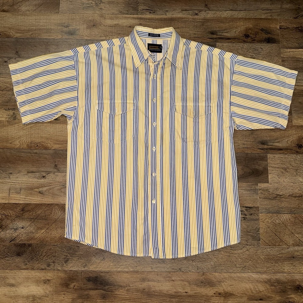Panhandle Slim Western Short Sleeve Shirt Yellow Blue Striped Size ML